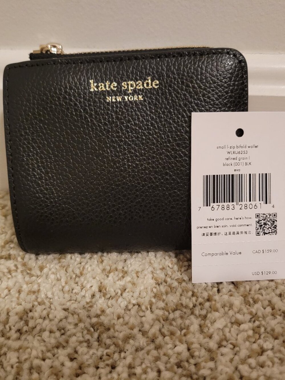 NWT Kate Spade Black Leather Ava Small L-Zip Bifold Wallet